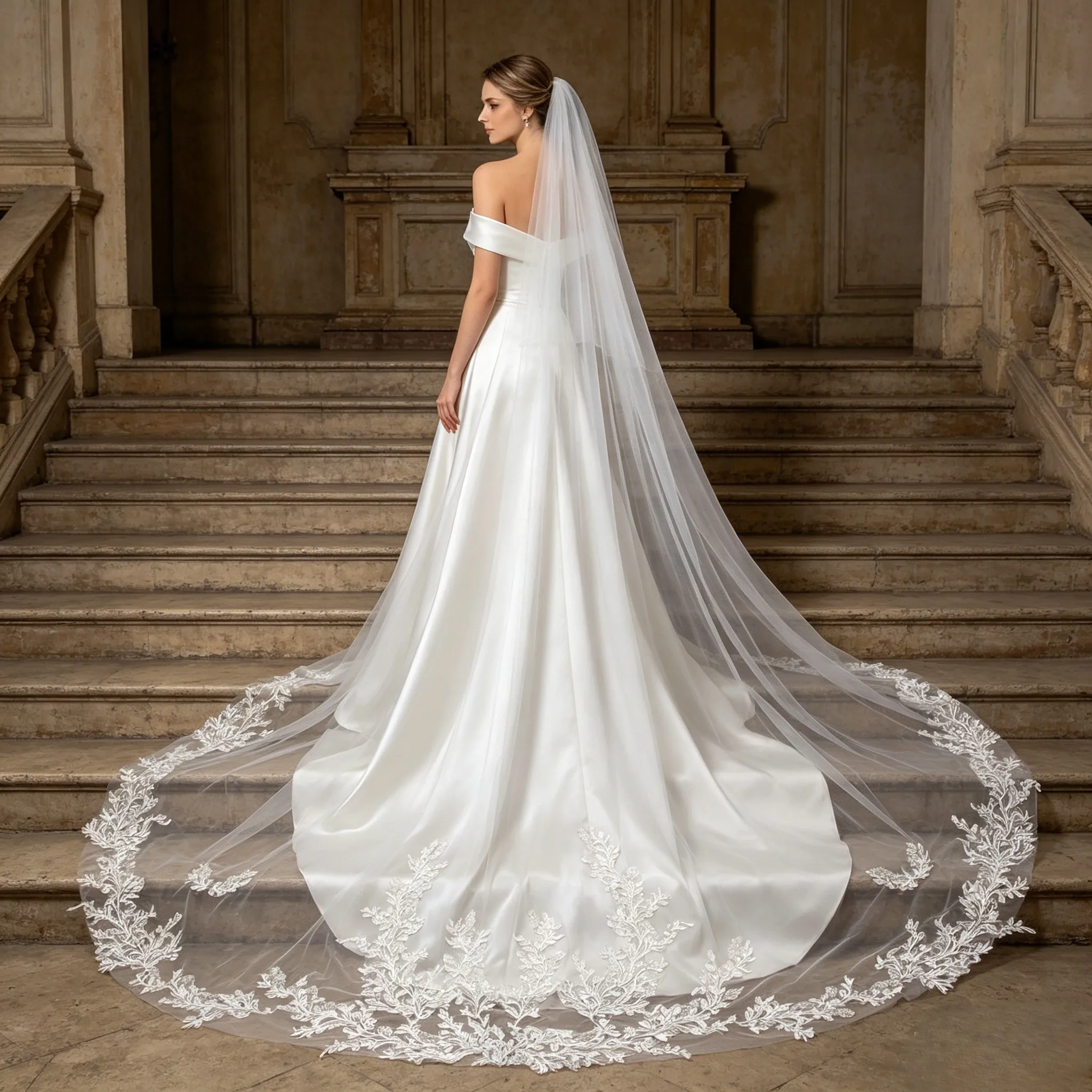 

Lace Appliques Edge Wedding Veil Elegant Cathedral Train Bridal Veil Handmade Luxurious Mantilla Wedding Accessories Whit Comb