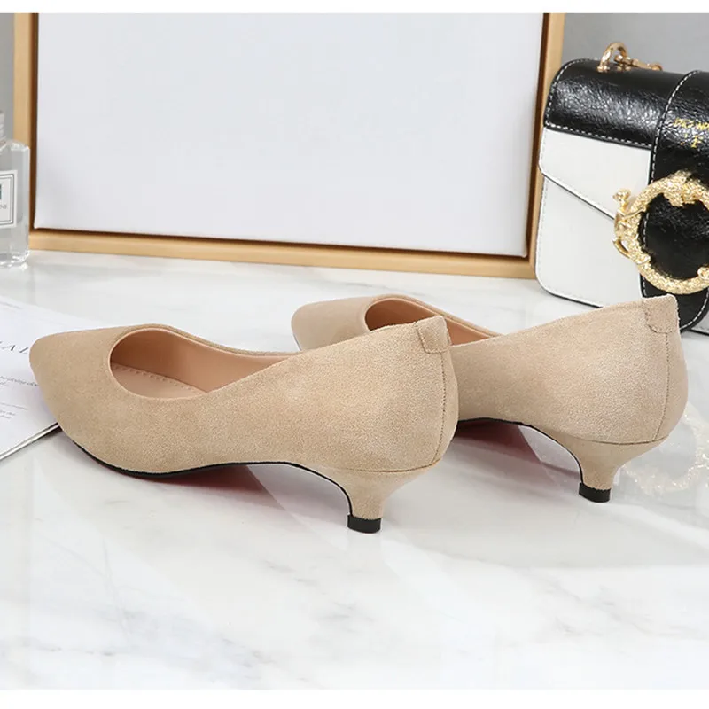 Women Spike Heels Kid Suede Tacons Null Flock Shoes Red Pinkish Cute Pointy Toe Elegant Pumps For OL 34-43 26cm Low Cutter Mujer