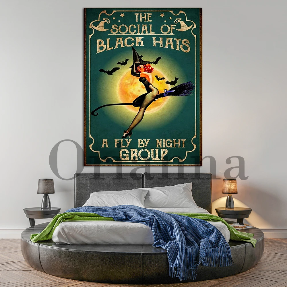 The Social Of Black Hats A Fly By Night Group Poster, Funny Witch Girl Canvas Painting, Witch Hd Print Halloween Wall Art Decor