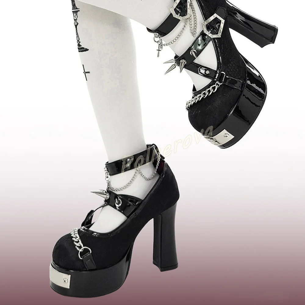 Lace Platform Mary Jane Pumps Women Gothic Spike Studs Chain Buckle Ankle Strap Block Heel Shoes Cross Punk Dark Lolita Shoes