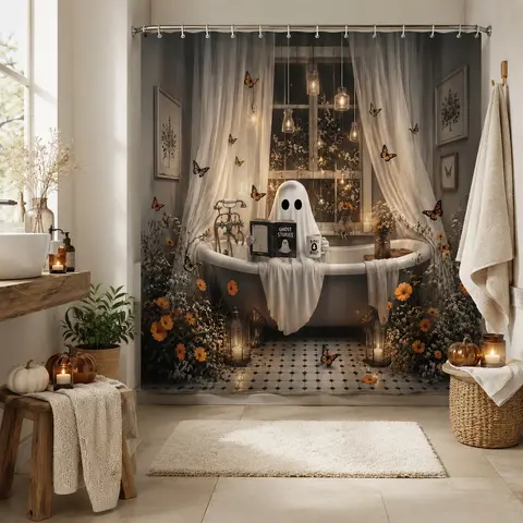 2D Flat, 1pc 2D Large-Sized Shower Curtain with Halloween Ghost Theme, Polyester Fabric Bathroom Decoration, Bathtub Partition Hanging Curtain 70.8X 70.8Inch with Horror Butterflies And Vintage Lanterns, Includes Hooks