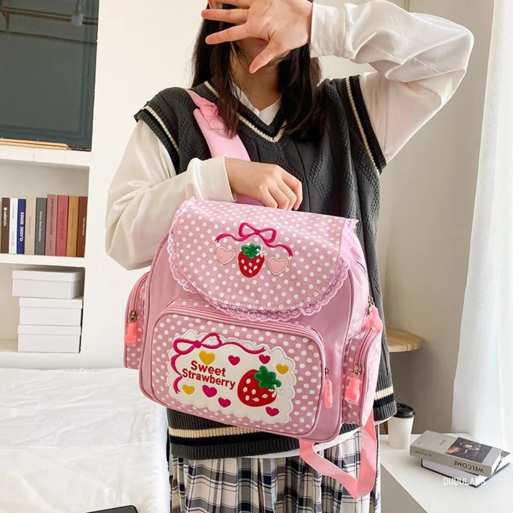 Fashion Kawaii Kids School Bag Large Capacity Dots Campus Bag Nylon Multi-Pocket Shoulder Bag for Teenager Girl