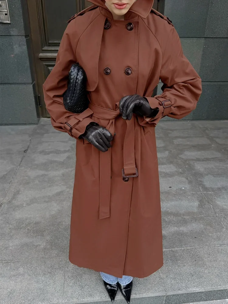 Long Trench Coat Double Breasted Notched Lapel Belted Waist Long Sleeve Epaulettes Casual Streetwear Thick Cotton Coat 2026