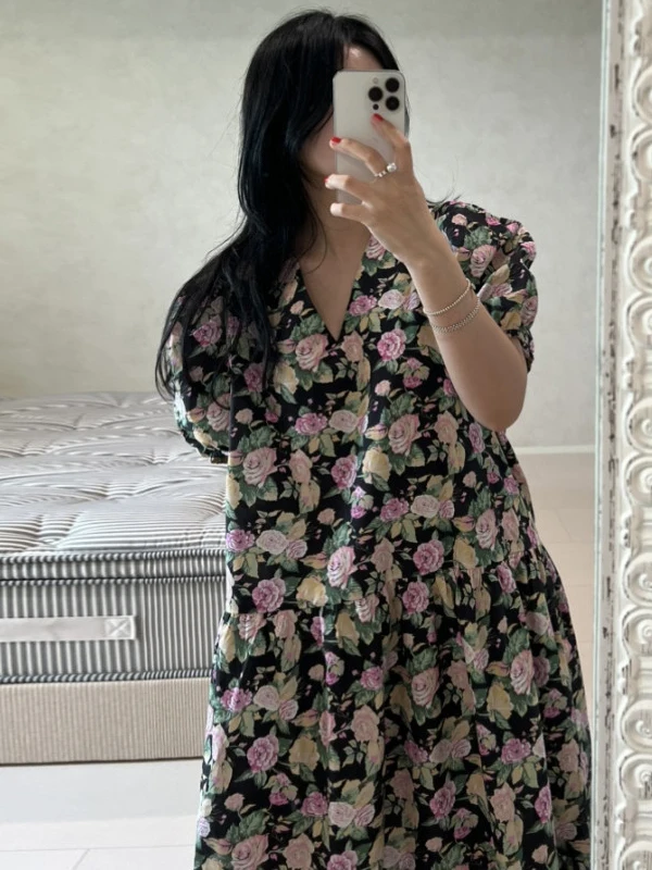 Summer Ele Floral Print Dr Bubble Sve V-Ne Loose Waist Sle Women's Faion Sweet  Dr Tea Break Skirt