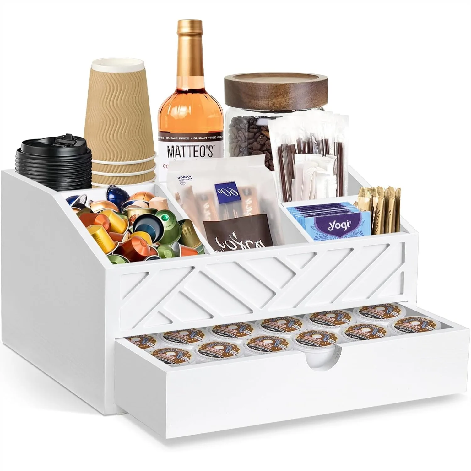 

Coffee Bar Organizer with Drawer, Wood Coffee Station for Countertop Storage, Farmhouse Coffee Pod Holder and Condiment