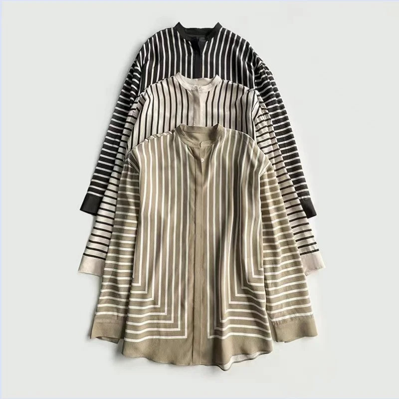 Nordic niche spring and summer geometric stripes Instagram blogger design sense mulberry silk loose long sleeved shirt