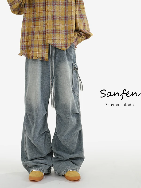 

Washed Vintage Men's Jeans Straight Leg Slimming Long Trousers American Style Cleanfit Trendy Brand High Street Summer Casual