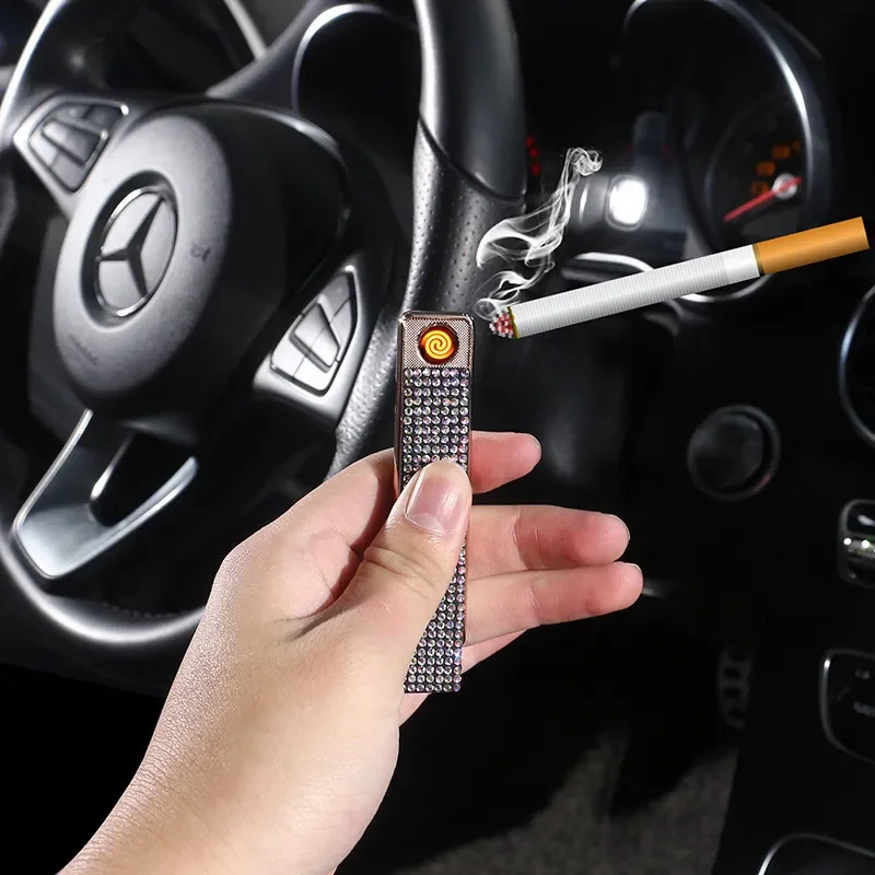 Ultra thin double-sided diamond embedded USB lighter creative charging tungsten ignition silent luxury mini portable lighter