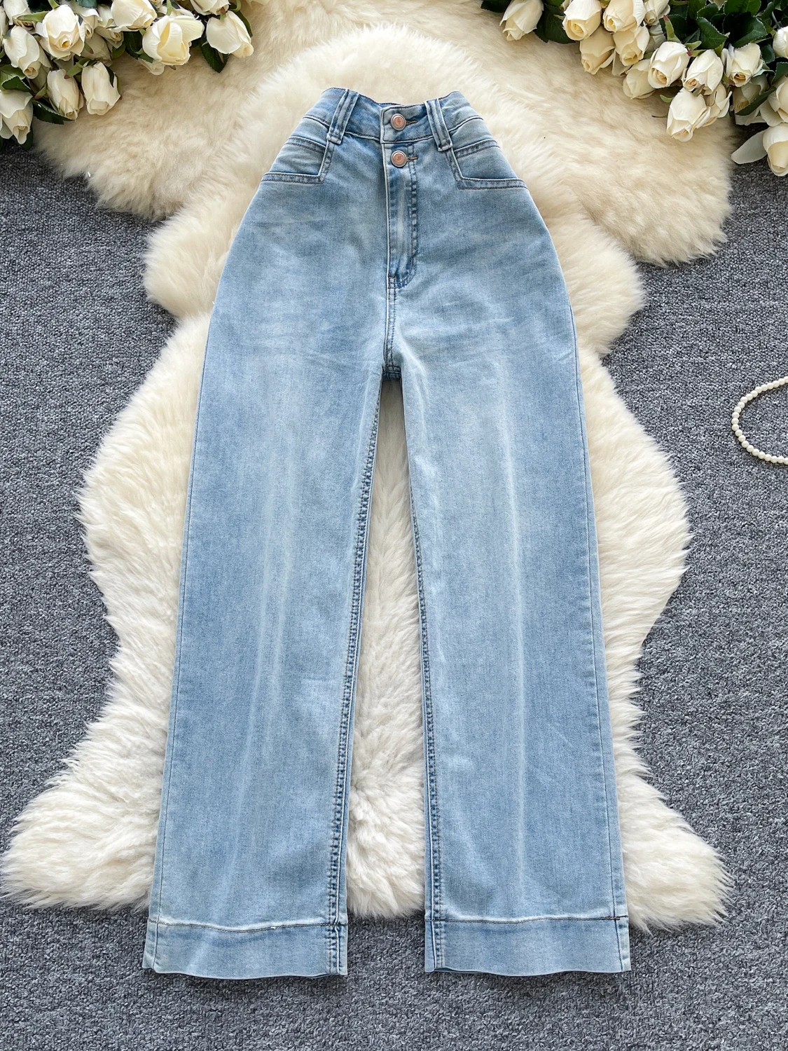 

Korean Sle High Waist Two Button Casual Jeans Women's Small Size Loose Slimming Wide Leg Nine Point Pants