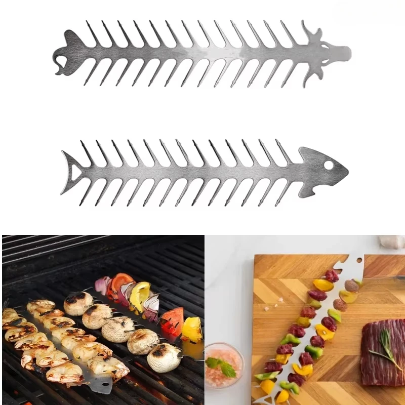 1/3pc Reusable Roaster Fork Metal Fishbone Shape Barbecue Skewer Roasting Skewers for Camping Grilling Skewers Campfire BBQ Tool
