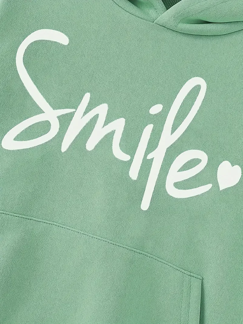 Girls SMILE Hoodie, Casual Letter Print Long Sleeve Drop Shoulder Hooded Sweatshirt For Active Outdoor