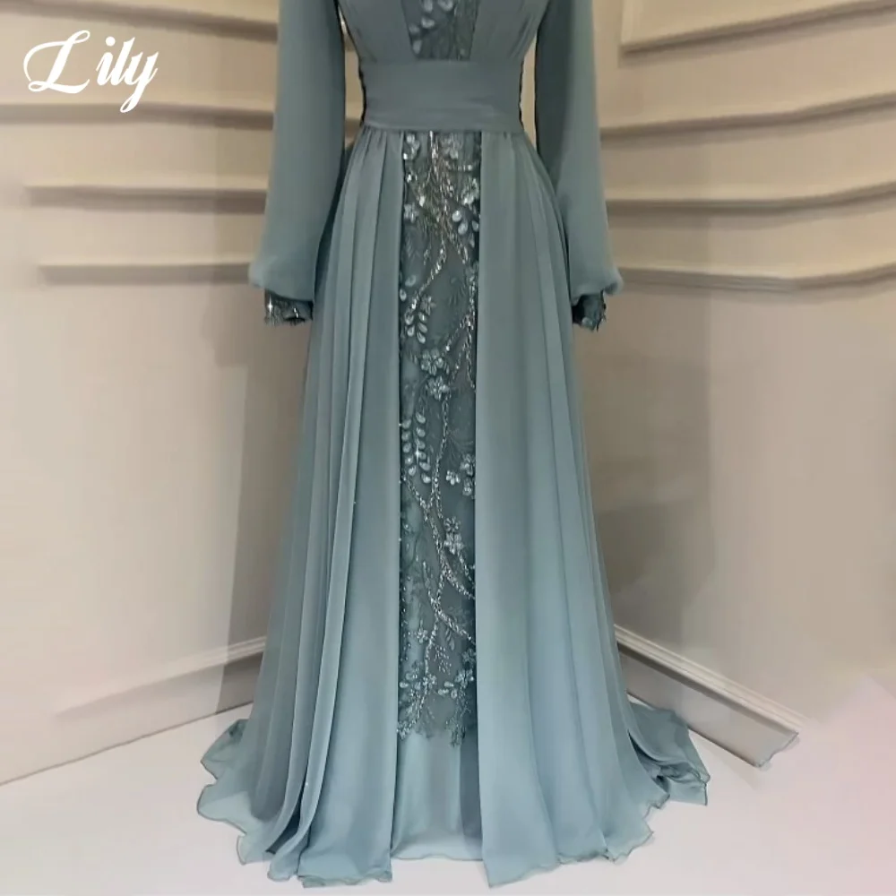 Lily Green Muslim Evening Dress High-Neck Long Sleeves Prom Dress  Flower Type Shiny Sequins Pleating Ball Gown Dubai Customized image 4