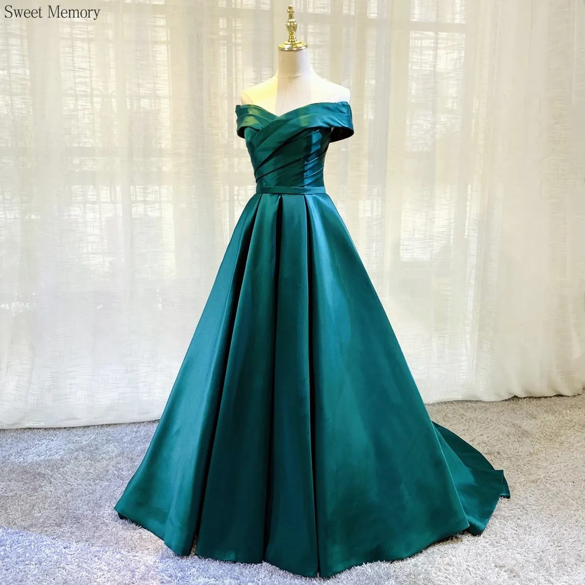 A148 Sweet Memory Green Blue Prom Dresses Sexy Off The Shoulder A-Line Floor-Length Lace Up Prom Long Elegant Satin Dress