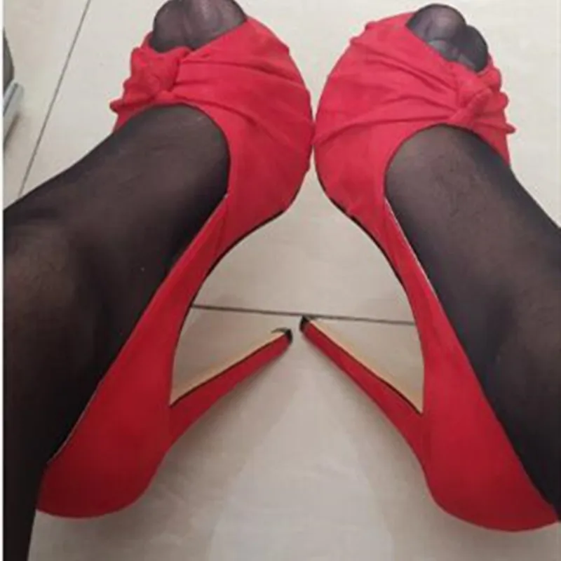 

SHOFOO Fashionable women's high heels and shoes. Red suede high heels. Peep toe slim heeled shoes. 14-17cm heel height. 34-46