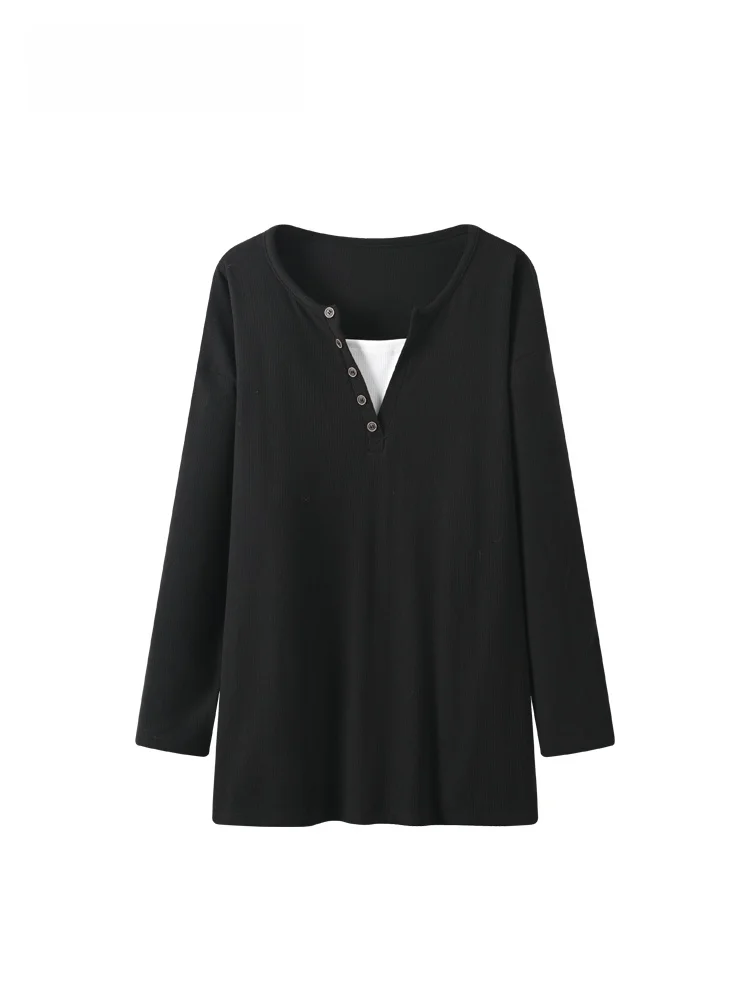 

Женская базовая кофта больших размеров с длинным рукавом и V-образным вырезом, осенне-зимняя новинка, скрывающая недостатки фигуры, стройнящий топ, удобный крой, полиэстер