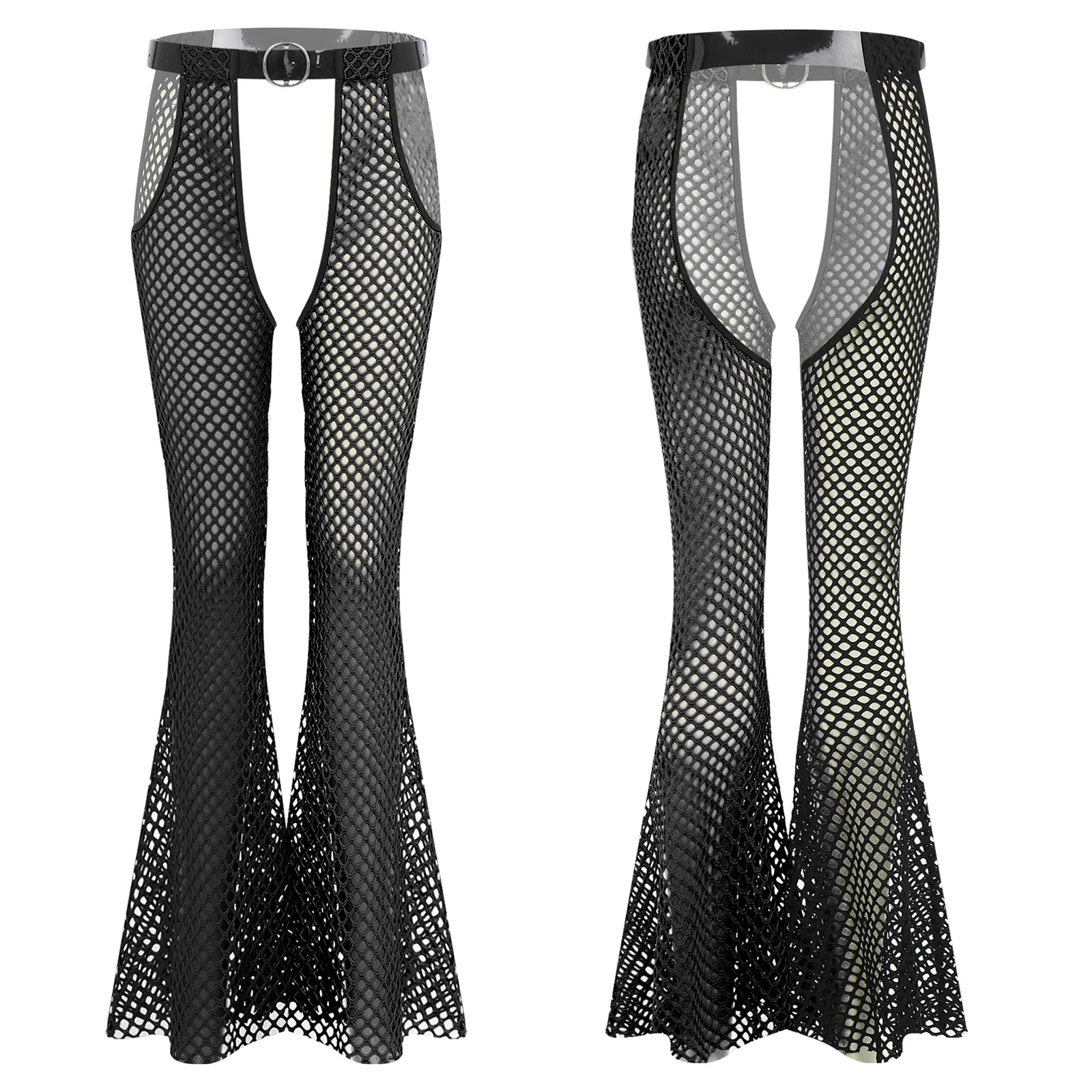

Women Lingerie Fishnet Open Crotch Pants with Waist Belt Crotch Hollow Out Wide Leg Pants for Erotic Temptation Nightwear Pants