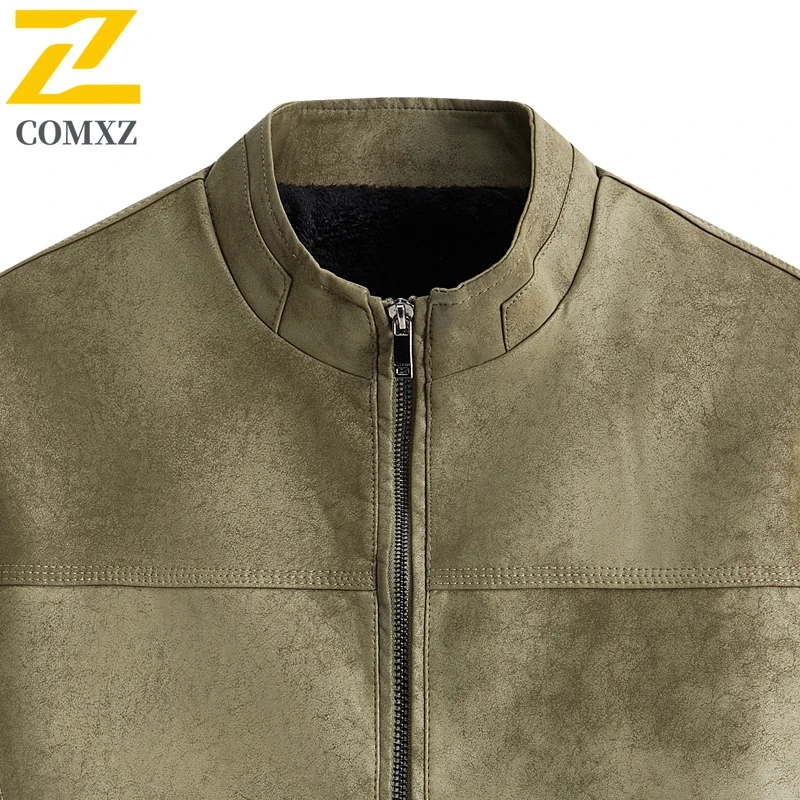 COMXZ Premium Men PU Leather Jacket Fashion Classic Stand Collar Camping Windproof Leather Coat Outdoor Durable Autumn Jackets ​