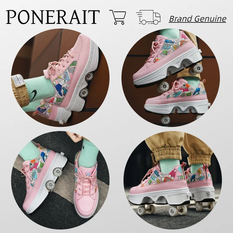 PONERAIT Double-Row Deformation Shoe One Click Folding Four wheels Roller Skate Shoe Outdoor Casual Fashion Children Sneaker