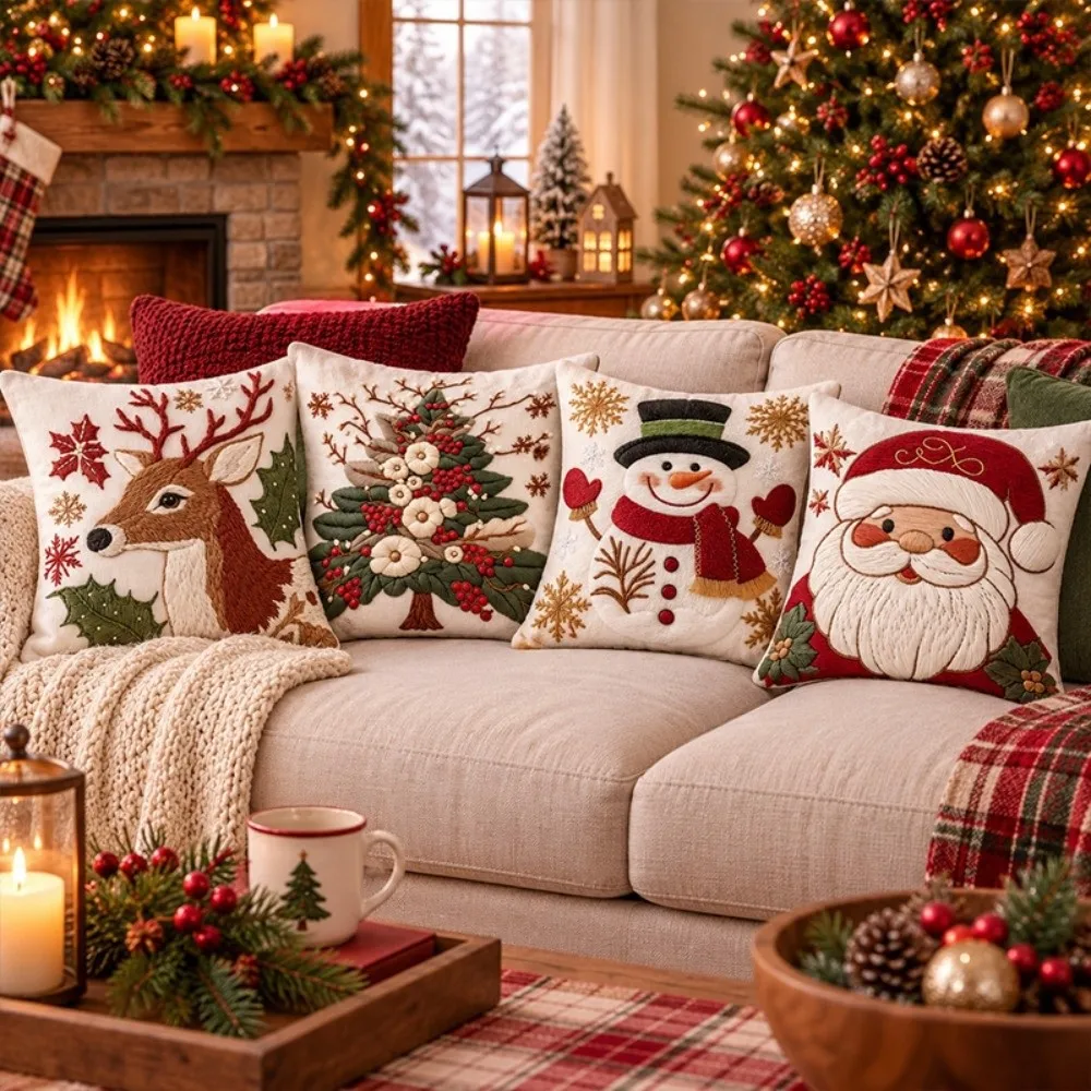 Simulated Embroidery Christmas Pillow Cover Christmas Tree Soft Smooth 2D Flat Xmas Tree Pillowslip Square Snowman