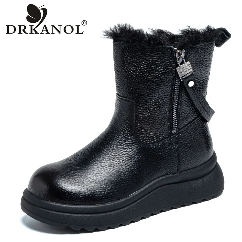 

DRKANOL Winter Snow Boots 2026 Women Genuine Cow Leather Side Zipper Chunky Platform Wedges Thick Plush Warm Mid Calf Boots Lady