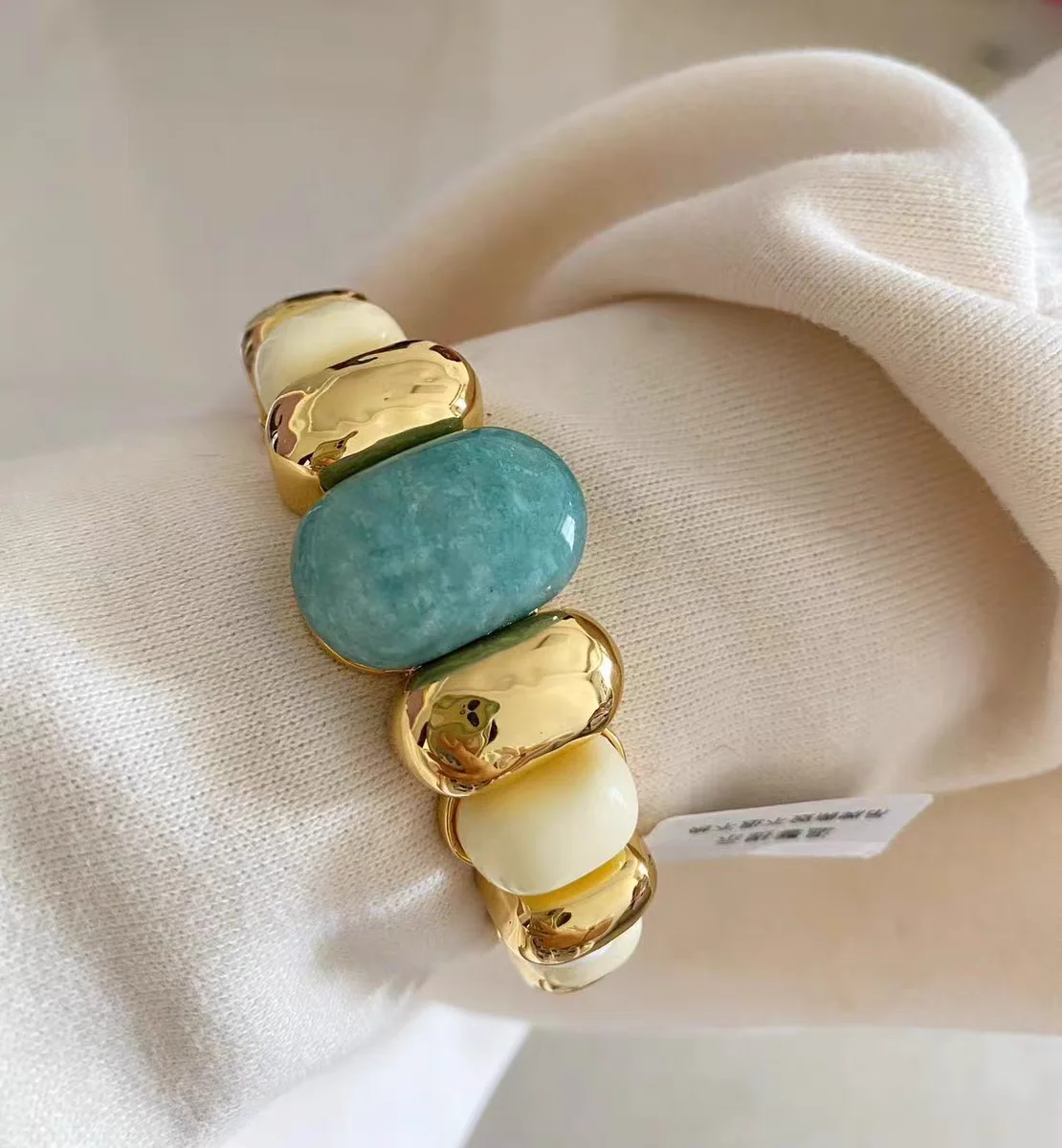

Женское модельное платье из латуни с широким браслетом 18K, яркое платье из натурального камня, модные ювелирные украшения в японском и корейском стиле