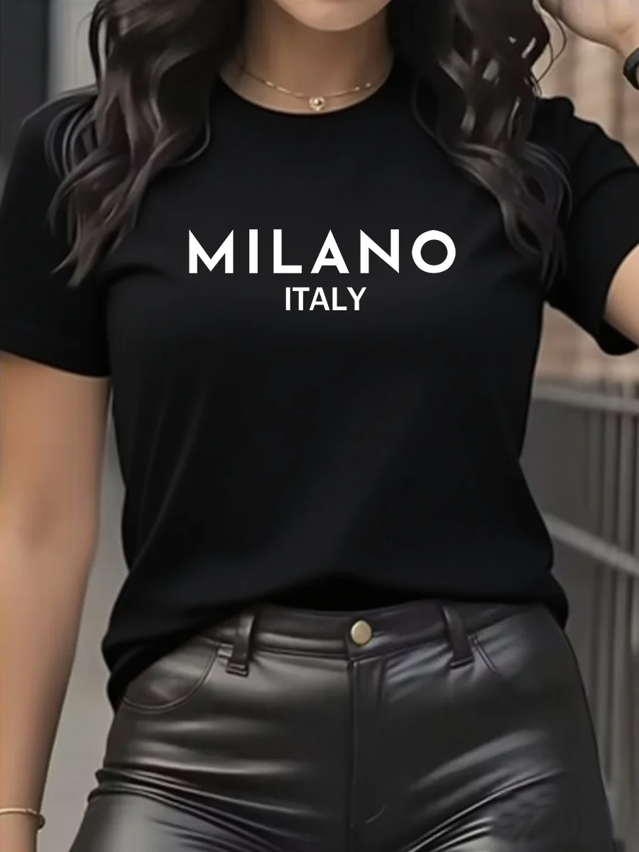

Fashion letter Milan print round-neck women's T-shirt, summer short-sleeved casual T-shirt, spring and summer women's clothing