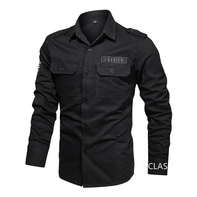 Men Military Multi-pocket Tooling Shirts Male Cotton Outdoor Casual Shirts Good Quality Man Large Size Solid Long-sleeved Shirts