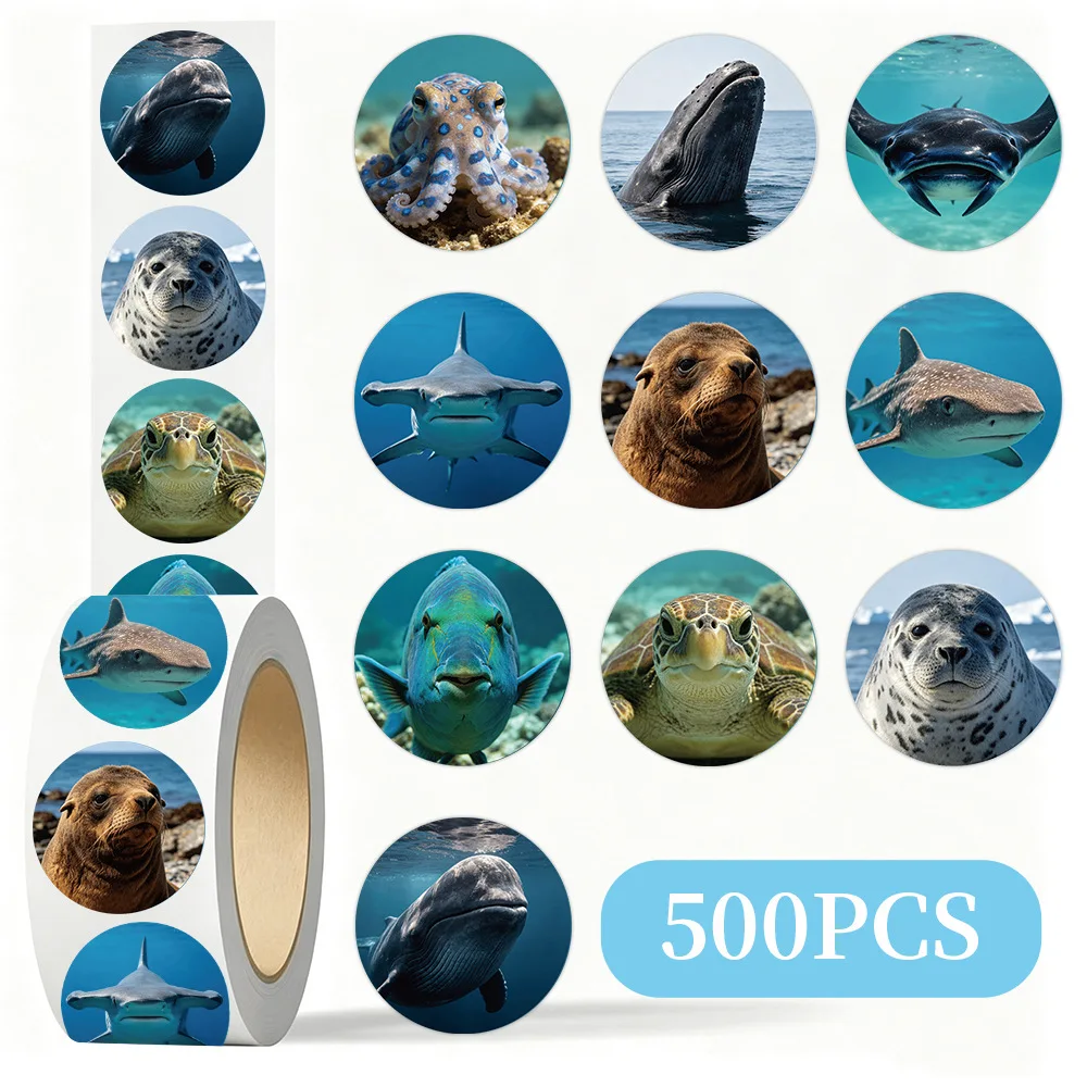 500 PCS Roll Stickers, Realistic Ocean Animals, Cute Marine Sea Life Envelope Seals for DIY Stationery, Desk, Scrapbook Decor