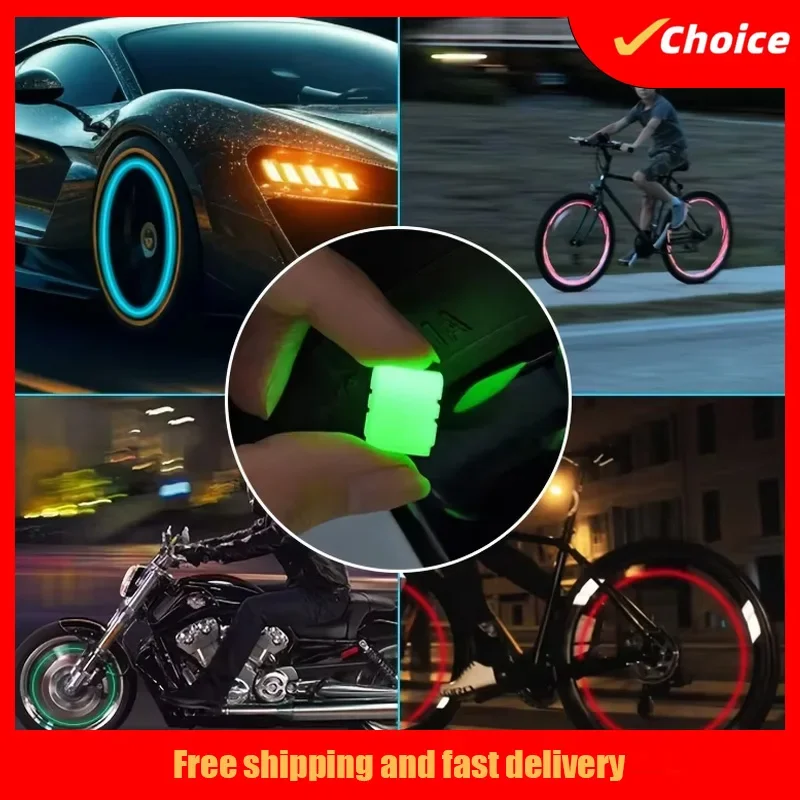 glowing tire valve covers, fluorescent car wheel spoke decorations that glow at night, used for cars and motorcycles