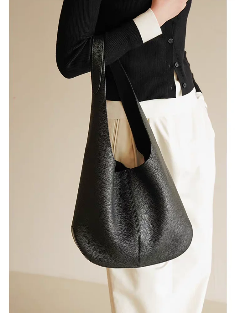 

GENGWO Black Fashion Simple Casual Genuine Leather Women Bag\Handbag Real Cowhide Leather Tote Shoulder Commuter Shopping Bag