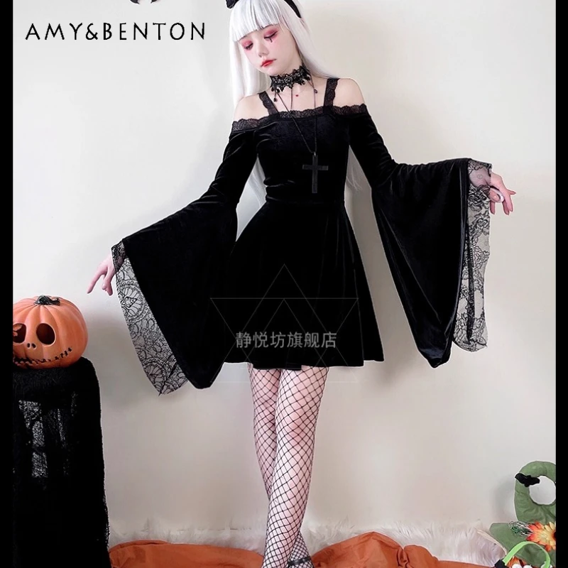 

Punk Dark Gothic Sexy One Shoulder Sling Dress Halloween Autumn New Item Design Black Loose Flared Sleeve Short Dresses Ladies