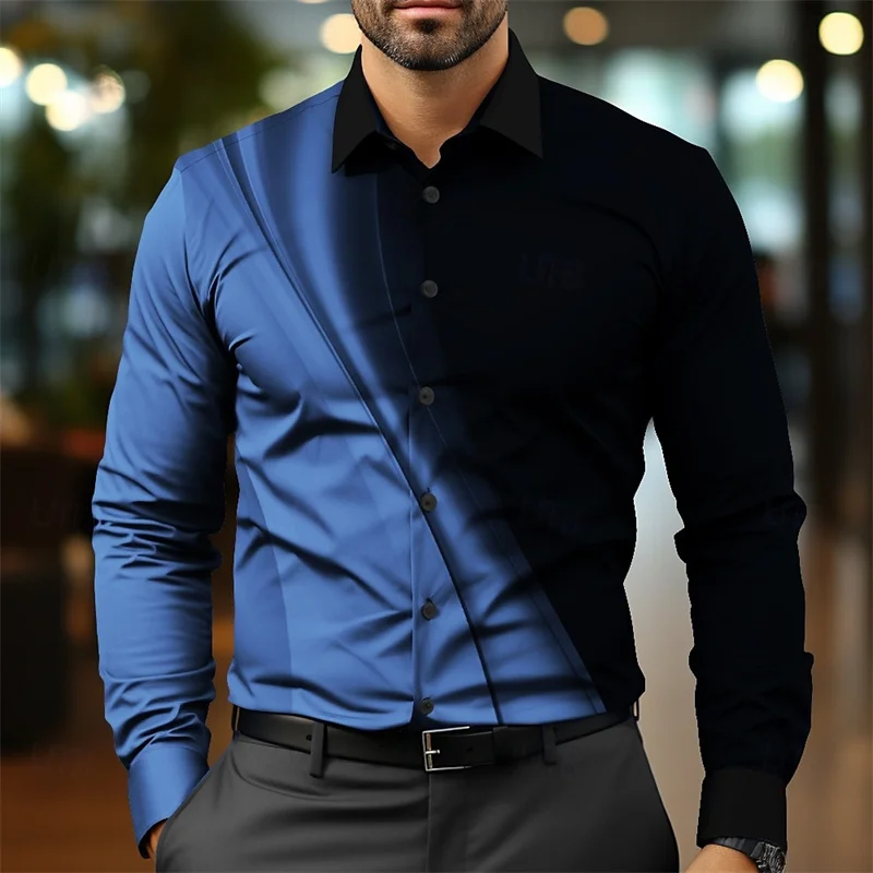 Fashion Gradient Men\'s Round Formal Shirt Button Shirt Long Sleeve Business Casual Everyday Autumn New Lapel Shirt 3D Print Tops