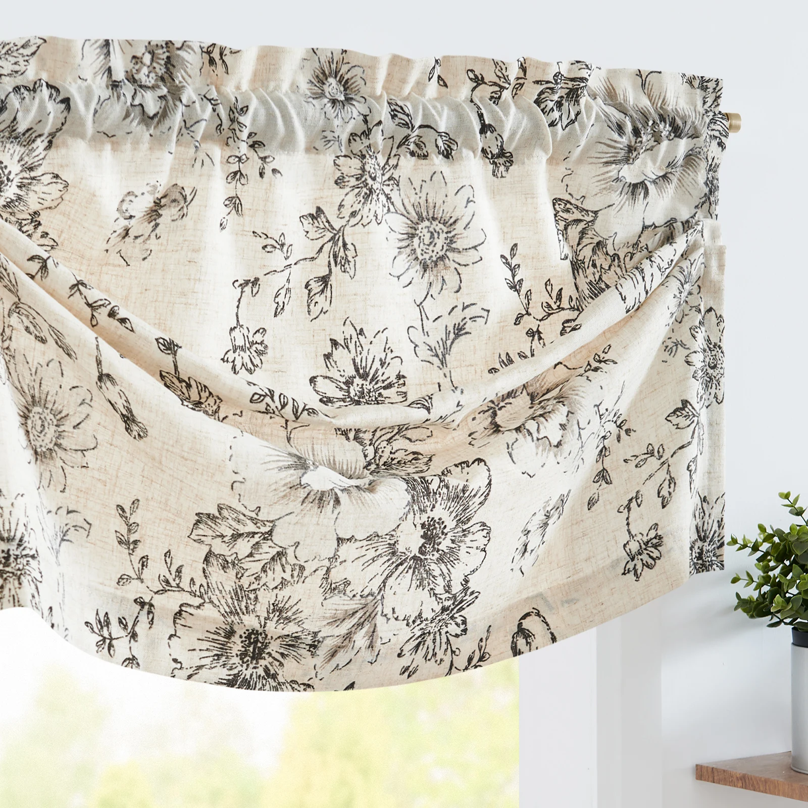 JINCHAN 16 Inch Linen Pleated Valance Farmhouse Floral Printed Valance Kitchen Bathroom Light Filtering Short Window Curtain