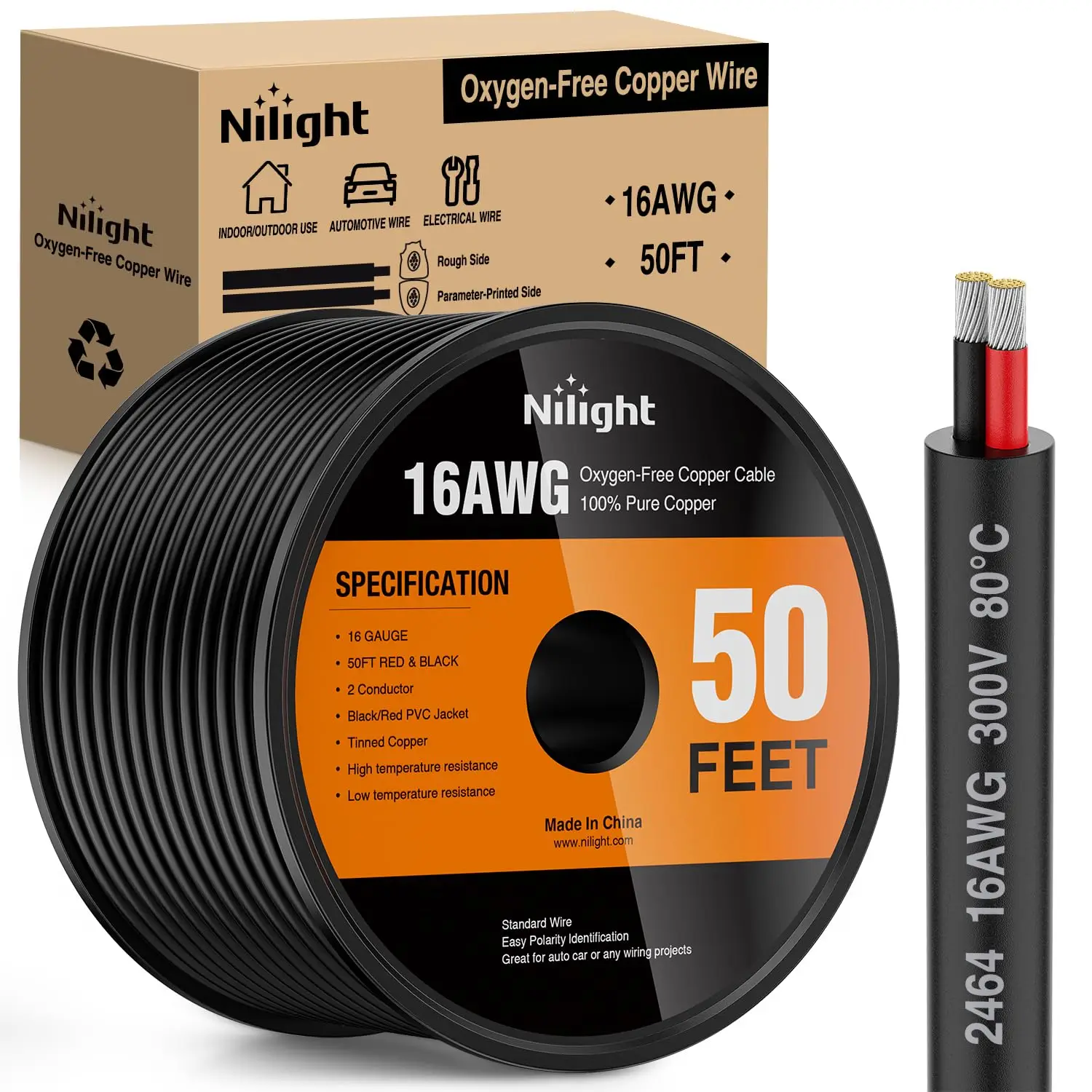 Nilight 50FT 16AWG Oxygen-Free Copper Wire Red Black 2 Conductor PVC Stranded Electrical Cable 300V Flexible Extension for Strip