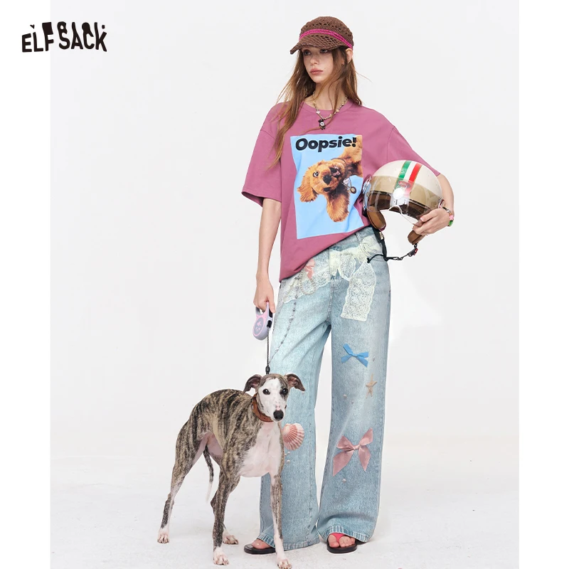 ELFSACK Damen Y2K-Jeans mit weitem Bein und Spitzenbändern, Denim-Hose mit Muscheldruck, locker sitzende Streetwear mit hoher Taille für den Sommer