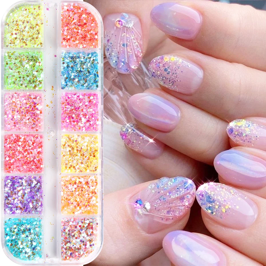 Pó de glitter para unhas 3d, sereia, iridescente, cristal colorido, brilhante, arte de unha, flocos holográficos, lantejoulas hexagonais, decorações de unhas