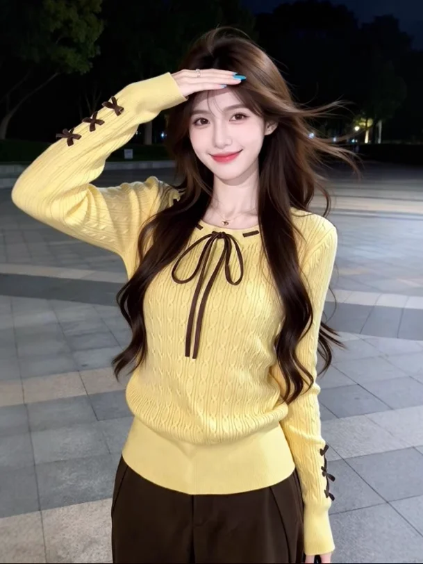 

Желтый вязаный свитер женский приталенный, базовый, весна 2026, новинка, с узлами, комфортный