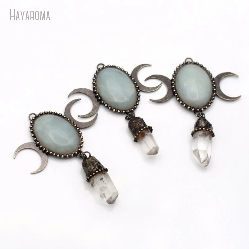 10Pcs Antique Silver Color Clear Crystal Amazonite Vintage Boho Witch Handmade Jewelry Crescent Moon Oval Pendant PM50075