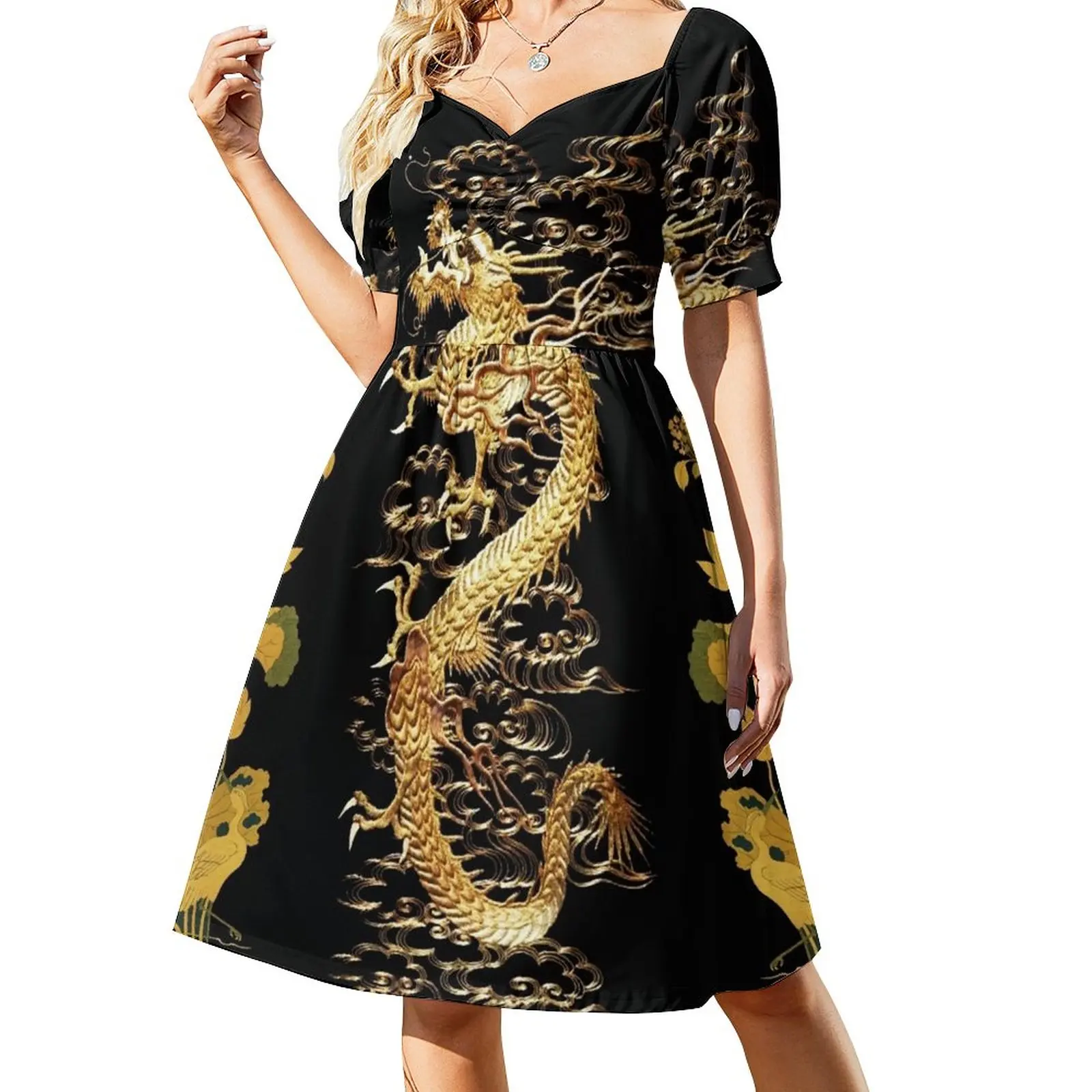 

GOLD DRAGON IN BLACK,Egret,Lotus,Green GoldFloral Dress fairy dress summer dress