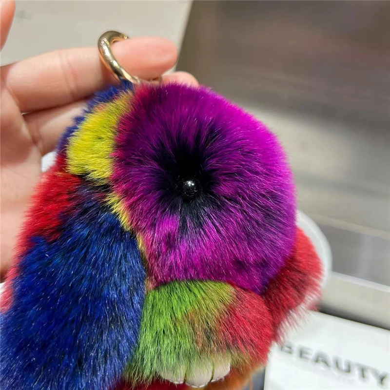 Real Rex Rabbit Fur Keychain Multicolored Plush Bunny Toy Women HandBag Ornaments Car Key Metal Ring Trinkets Girl Birthday Gift