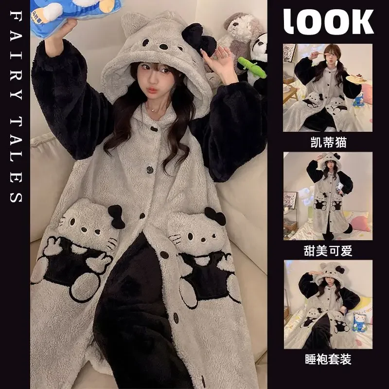 

Sanrioed Hello Kittys Robe Coral Fleece Pajamas Set Cartoon Kuromi Cinnamoroll Home Clothes Womens Flannel Long Nightgown Warm