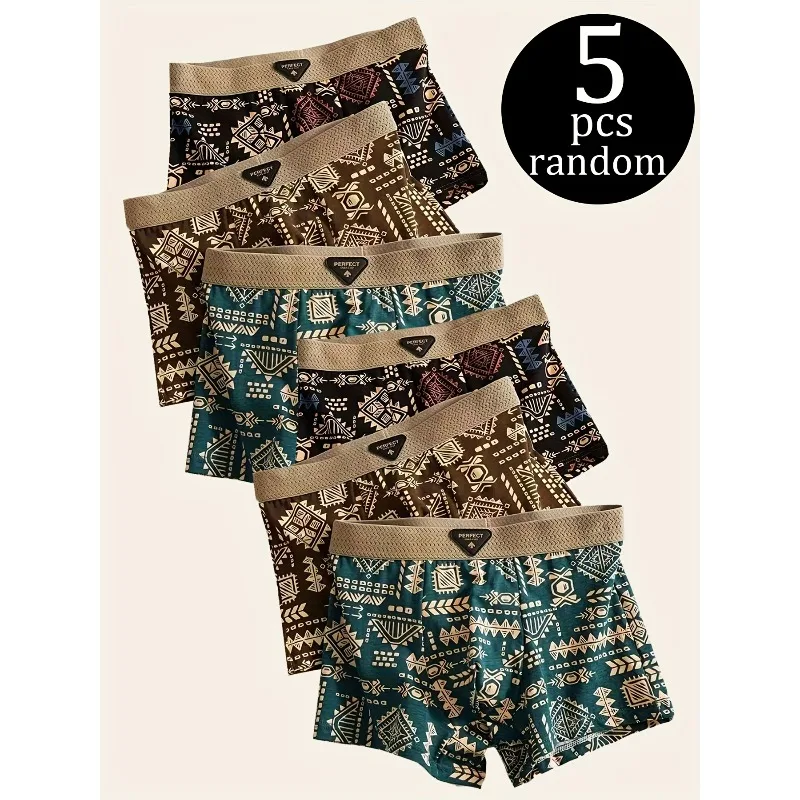 5pcs/set Men's Printed Boxer Briefs Random Prints Summer Bestseller Four-cornered Pants Comfortable Breathable Underwear