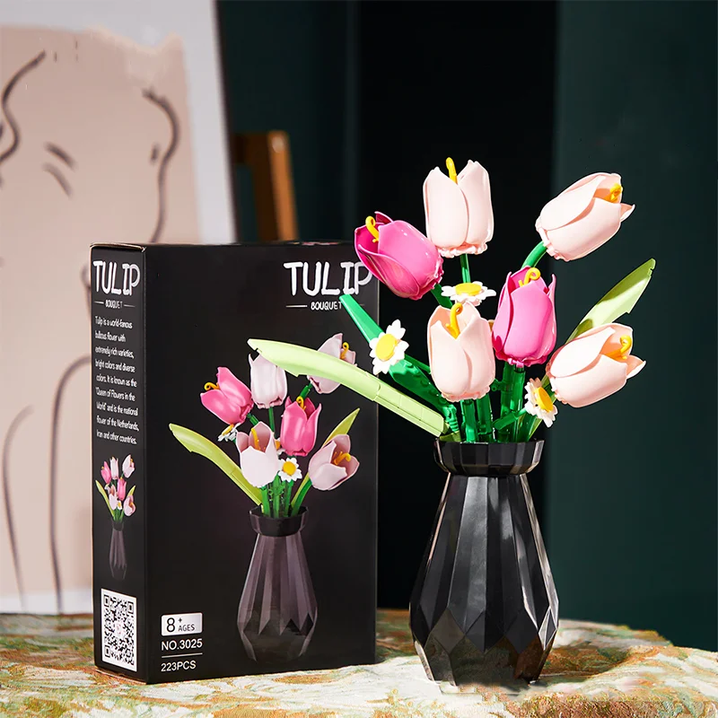 Juego de bloques de construcción modelo de flor de tulipanes rosas, ladrillos de ramo 3D, juguetes DIY para niños, decoración del hogar, regalo del Día de San Valentín para adultos y niñas