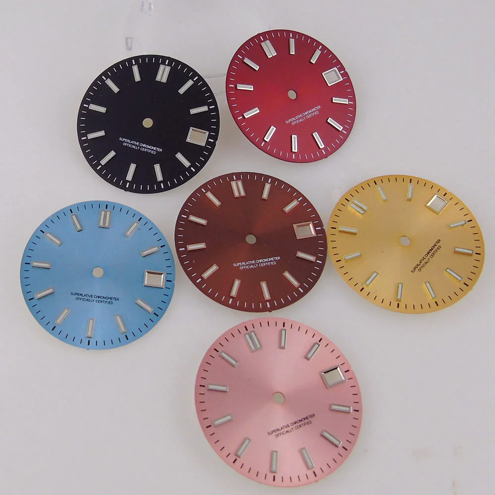 Esfera luminosa para reloj, accesorios de esfera de 29mm, color negro, azul, rosa, rojo, marrón y amarillo, aptos para movimiento NH35A, acabado Sunburst