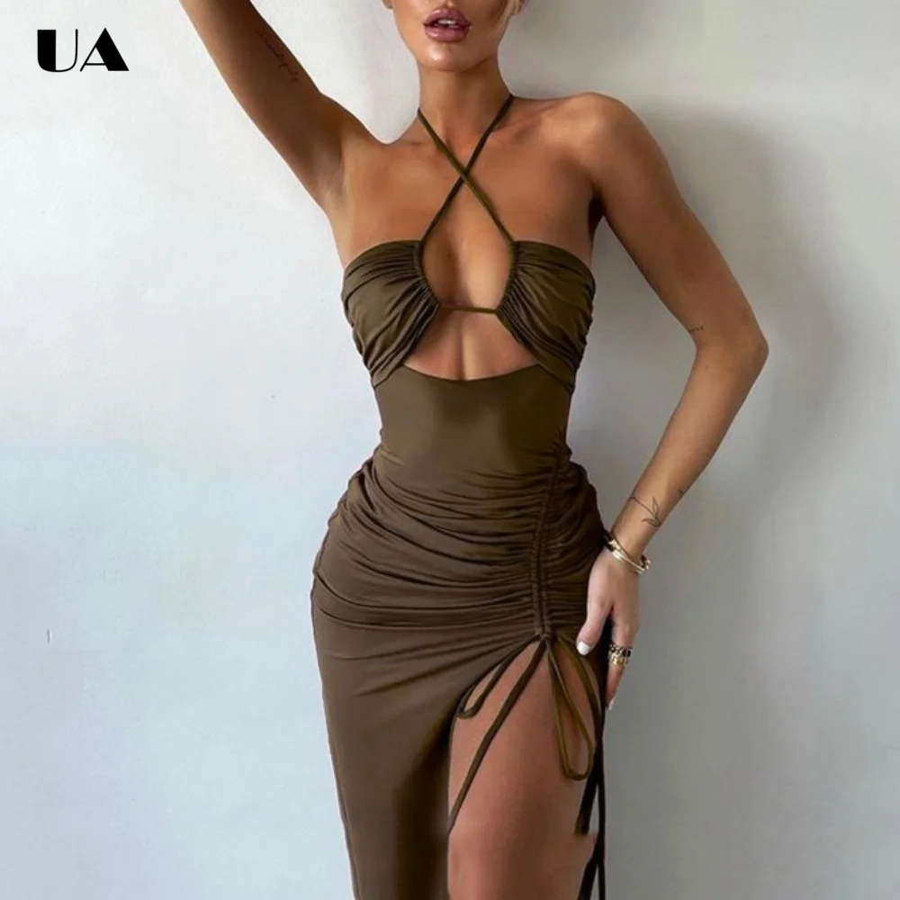 

Sexy Sheath Cutout High-slit Maxi Dress, Trendy Sleeveless Lace-up Party Dresses for Women, Vacation Style Shirring Long Dress