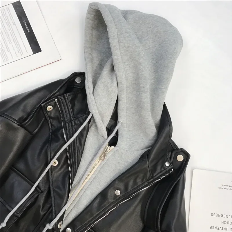 Hooded Leather Jacket for Women Big Pockets Oversized Korean Style Bomber Jacket Pu Windbreaker Moto Cycle Coat Outwear