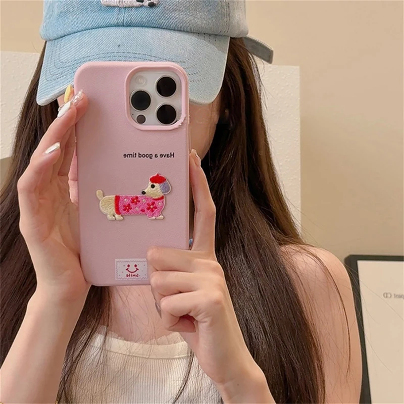 Cute Cartoon Dachshund Litchi Pattern Phone Case For iPhone 16 15 14 13 12 11 Pro Max X XR Korean Lovely Shockproof Soft Cover
