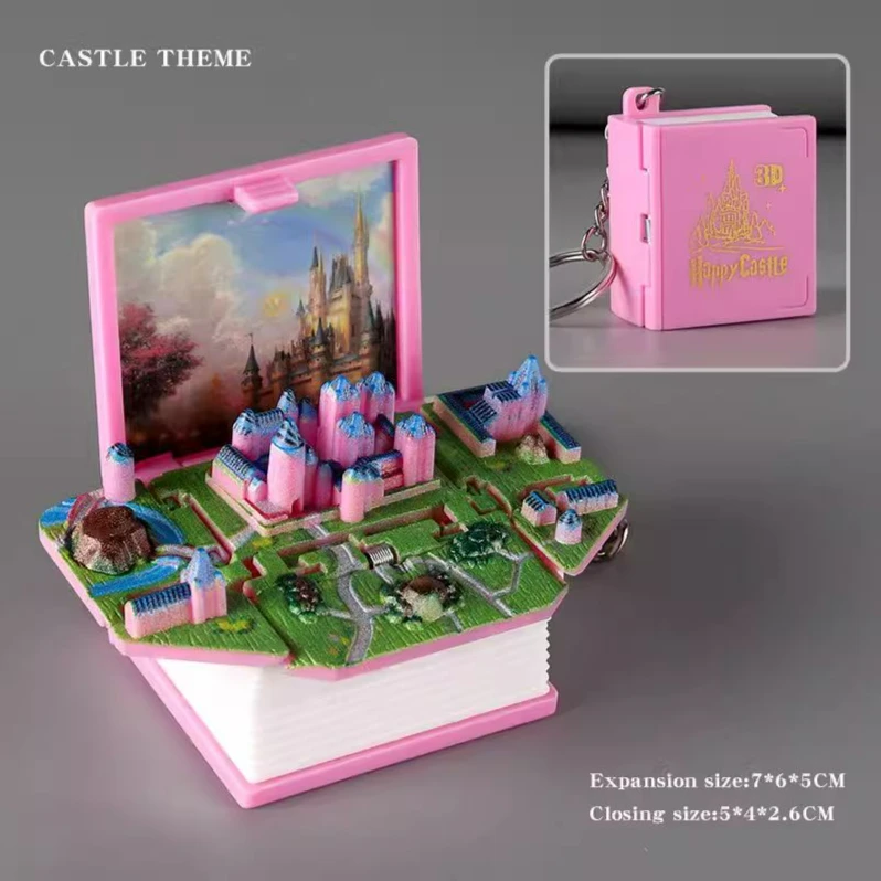 1 Stuks 3d Opvouwbare Pop-Up Boeken Gelukkig Kasteel Citadel Stad Toren Fort Fort Boek Sleutelhangers Nieuwigheid Kinderen Speelgoed Nieuwigheden Grappig