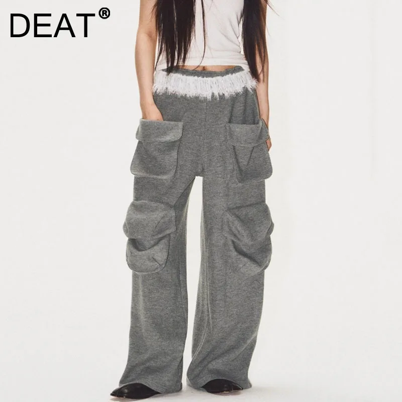 DEAT Fashion Women's Trousers Lace Splicing Hanging Pocket Casual Straight Leg Pants Female 2025 Spring New Arrival 33A2399