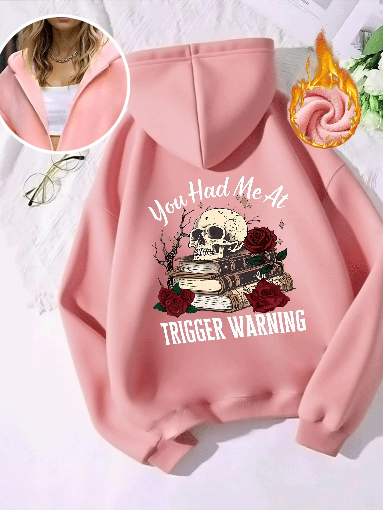 Unisex Skull Rose Book Sport-Zip-Hoodie mit „Trigger Warning“-Schriftzug-Druck, Fleece-gefüttert, Oversized Zip-Up-Sweatshirt für Herbst und Winter – Detail 6